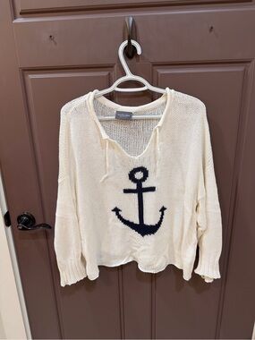 Wooden Ships M/L Nautical Anchor Knit Sweater - Cream with Navy Anchor